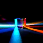 Cubo de vidro transparente iluminado por luzes LED de cores diferentes, projetando reflexos coloridos no plano escuro.