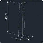 Perspectiva de uma peça de laboratório com dimensões marcadas, altura de 36,5 cm e base de 5 cm por 1,5 cm, vista em fundo escuro.
