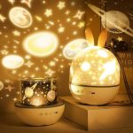 Projetor de galáxia com luzes de estrelas e planetas projetadas na parede, com design de coelho na parte superior, em ambiente escuro.