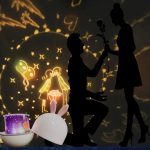 Silhuetas de um homem a propor uma rosa a uma mulher, com projeção de estrelas e planetas no fundo, incluindo um globo terrestre e um brinquedo de luz.