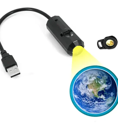 Luz de lupa com foco na Terra, com foco ajustável e cabo USB para conexão a computador ou power bank.