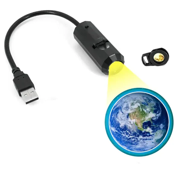 Luz de lupa com foco na Terra, com foco ajustável e cabo USB para conexão a computador ou power bank.