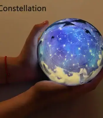 Mão a segurar uma esfera de vidro que projeta constelações e estrelas brilhantes, com fundo neutro.