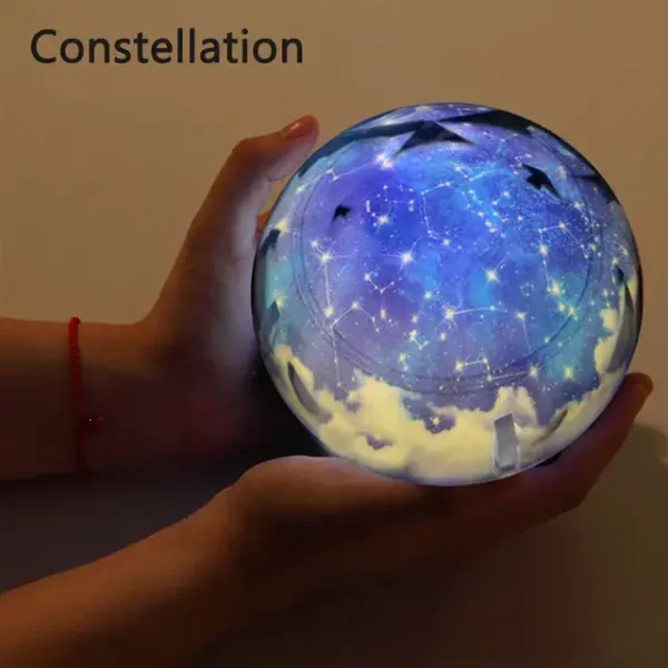 Mão a segurar uma esfera de vidro que projeta constelações e estrelas brilhantes, com fundo neutro.