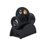 Telescópio compacto com disco rotativo mostrando fases da lua, estrelas e planetas, ideal para observação astronómica educativa.
