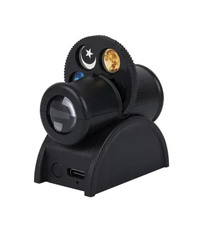 Telescópio compacto com disco rotativo mostrando fases da lua, estrelas e planetas, ideal para observação astronómica educativa.