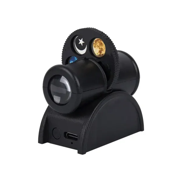 Telescópio compacto com disco rotativo mostrando fases da lua, estrelas e planetas, ideal para observação astronómica educativa.