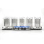 Conjunto de cinco tubos transparentes com ímanes metálicos internos, dispostos numa base plástica, usado para demonstrações de magnetismo.