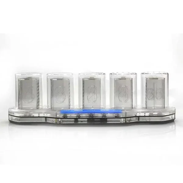 Conjunto de cinco tubos transparentes com ímanes metálicos internos, dispostos numa base plástica, usado para demonstrações de magnetismo.