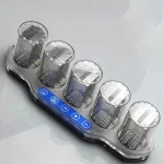 Conjunto de seis tubos de ensaio de vidro com tampas de metal, dispostos numa base plástica com botões de controlo.