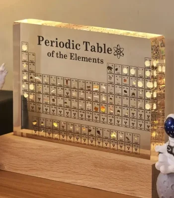 Tabela periódica interativa com efeitos luminosos, decoração científica para espaço ou escritório.