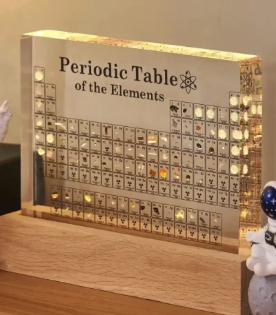 Tabela periódica interativa com efeitos luminosos, decoração científica para espaço ou escritório.