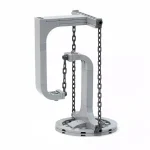 Estrutura de suporte de metal com correntes e braço articulado para demonstrações científicas.