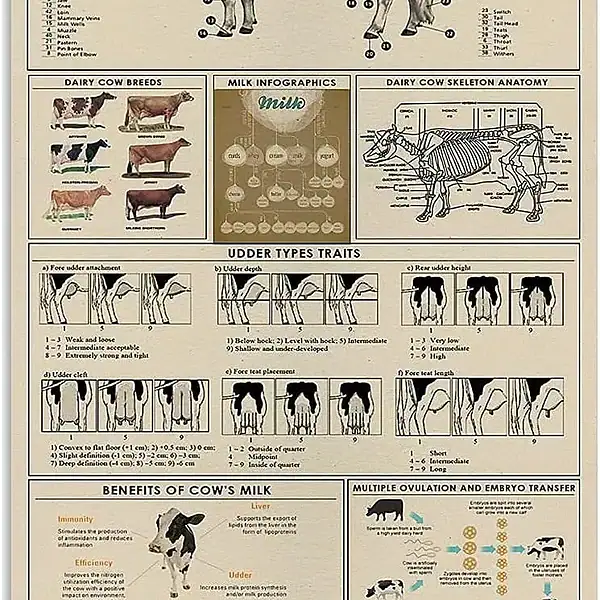 Diagrama detalhado de uma vaca leiteira com partes do corpo, raças, anatomia, traços de diferentes tipos, benefícios do leite e transferência de embriões.