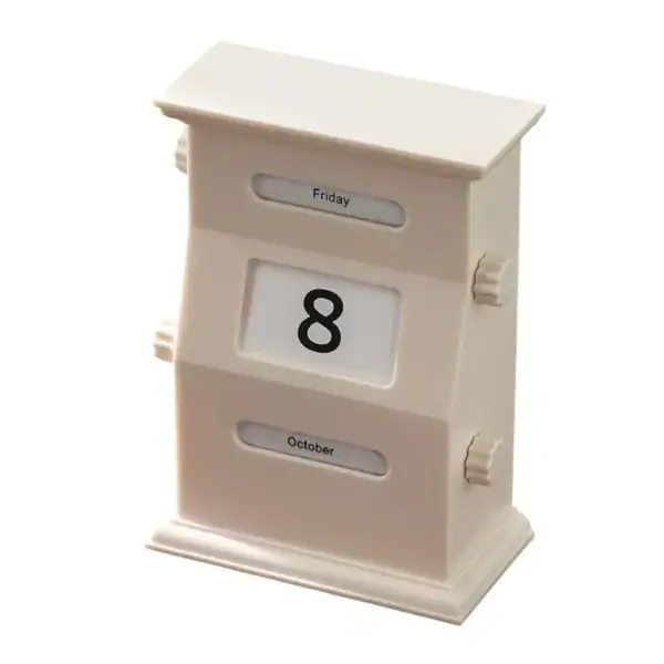 Calendário de mesa de plástico branco com dias e data ajustáveis, mostrando sexta-feira 8 de outubro.