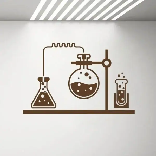 Ilustração de três frascos de laboratório com tubos de ensaio e equipamento de química em estilo minimalista.