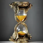 Ampulheta decorativa com detalhes de dragões em metal dourado, contendo areia dourada, sobre fundo cinza escuro.