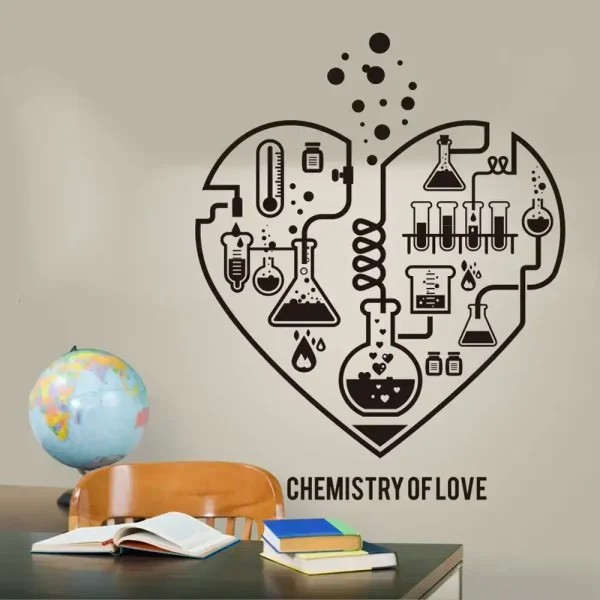 Ilustração de laboratório de química em forma de coração com tubos, frascos e reagentes, simbolizando o amor pela ciência.