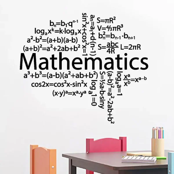 Pôster com equações matemáticas, fórmulas e o título 'Mathematics' em destaque, decorando uma sala de estudo ou laboratório.