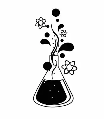 Ilustração de um tubo de ensaio com vapores e partículas químicas a sair, simbolizando uma reação científica.