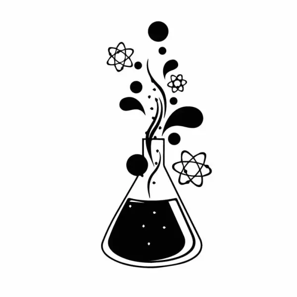 Ilustração de um tubo de ensaio com vapores e partículas químicas a sair, simbolizando uma reação científica.