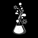 Ilustração de um frasco de laboratório com bolhas, linhas de energia e átomos ao redor, representando uma experiência científica.