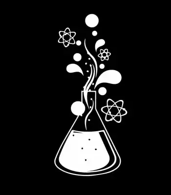 Ilustração de um frasco de laboratório com bolhas, linhas de energia e átomos ao redor, representando uma experiência científica.