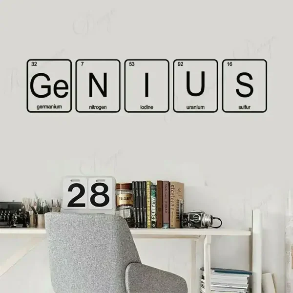 Quadro decorativo com símbolos químicos do germânio, nitrogênio, iodo, urânio e enxofre numa parede branca, com prateleira de livros e objetos de ciência.