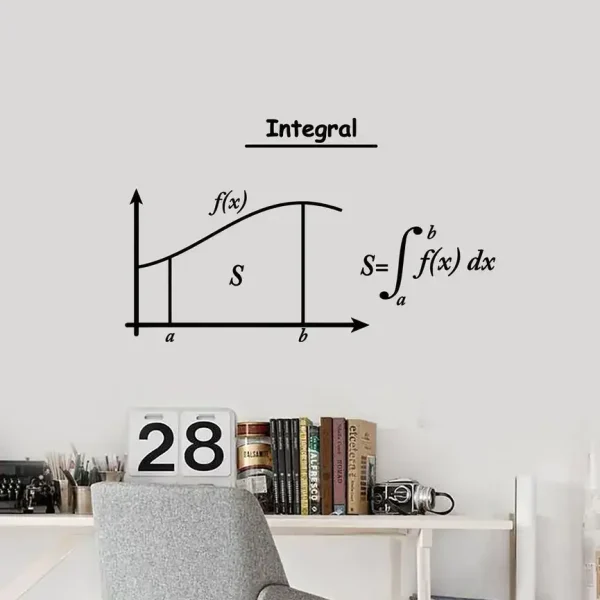 Quadro na parede com fórmula de integral e símbolo de área sob a curva, junto a uma mesa com livros e objetos de escritório.