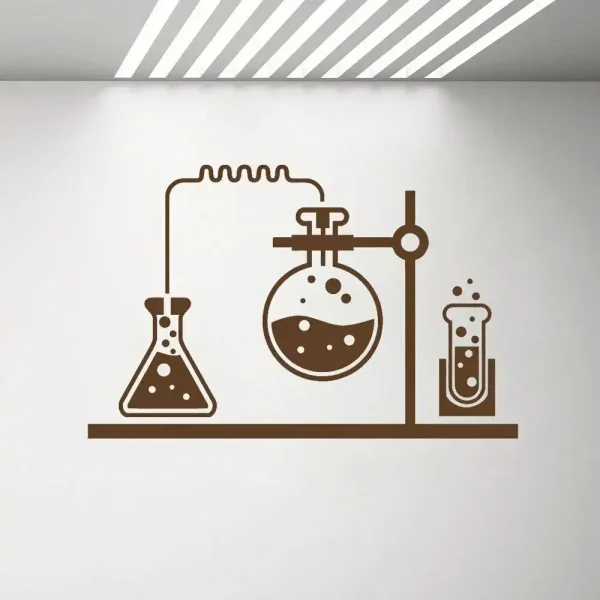 Ilustração de três frascos de laboratório com tubos e líquidos, decorando uma parede branca.