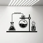 Ilustração de três frascos de laboratório com líquidos e bolhas, em estilo simples e moderno, em uma parede branca.