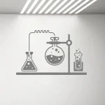Ilustração de três frascos de laboratório com líquidos e vapores, representando experimentos científicos, em estilo simples e moderno.