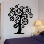 Árvore decorativa com ícones de ciência, como tubo de ensaio, átomo, livro, globo, e microscópio, em parede branca ao lado de uma cama com abajur.