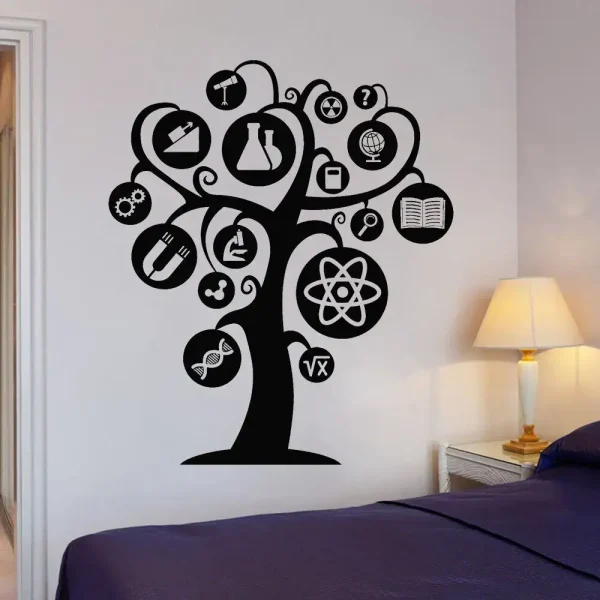 Árvore decorativa com ícones de ciência, como tubo de ensaio, átomo, livro, globo, e microscópio, em parede branca ao lado de uma cama com abajur.