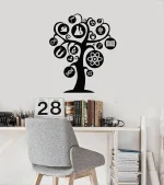 Árvore decorativa com símbolos de ciência, tecnologia e educação, colocada numa parede branca acima de uma secretária com livros e objetos de estudo.