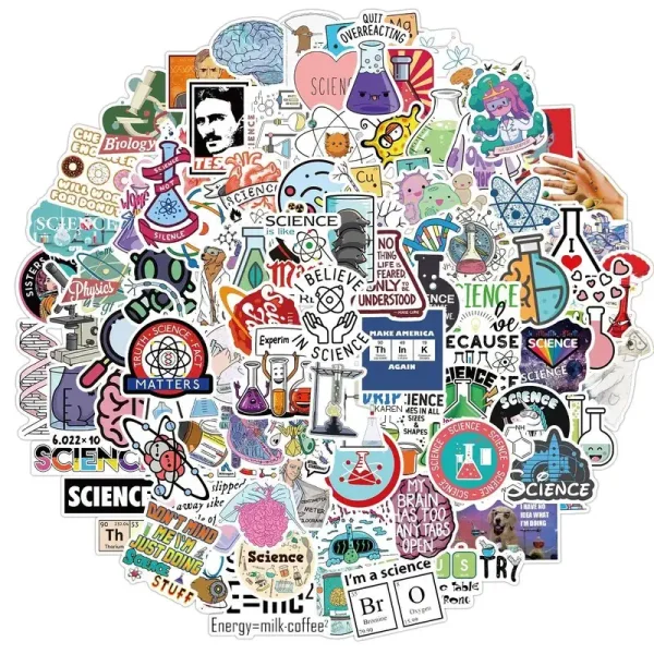 Vasta coleção de adesivos com temas de ciência, incluindo tubos de ensaio, átomos, microscópios, e frases motivacionais relacionadas com ciência e educação.