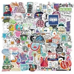 Vários stickers coloridos relacionados com ciência, química, física, astronomia e tecnologia, incluindo elementos como tubos de ensaio, telescópios, átomos, fórmulas e frases motivacionais.