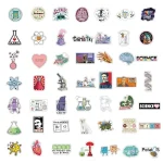 Vários stickers com temas de ciência, química, biologia, física e tecnologia, incluindo tubos de ensaio, átomos, DNA, telescópios, e personagens relacionados com ciência.