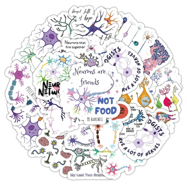 Ilustração detalhada de uma rede de neurónios com mensagens como "Neurons are friends" e "Neurons that fire together" em balões de fala, com cores vibrantes e detalhes científicos.