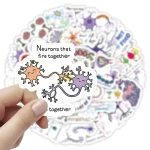 Adesivos com desenhos de neurónios e texto explicativo, mostrando a ligação entre eles, usados para educação científica infantil.