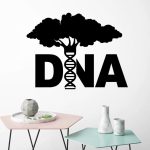 Ilustração de uma árvore estilizada com uma dupla hélice de DNA integrada, representando a conexão entre a natureza e a genética, ideal para decoração científica moderna.