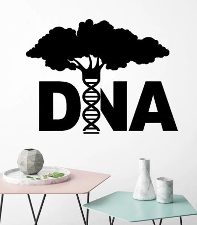 Ilustração de uma árvore estilizada com uma dupla hélice de DNA integrada, representando a conexão entre a natureza e a genética, ideal para decoração científica moderna.