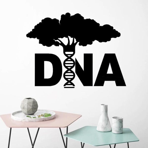 Ilustração de uma árvore estilizada com uma dupla hélice de DNA integrada, representando a conexão entre a natureza e a genética, ideal para decoração científica moderna.