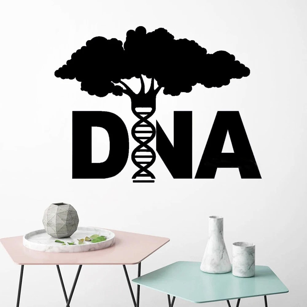 Ilustração de uma árvore estilizada com uma dupla hélice de DNA integrada, representando a conexão entre a natureza e a genética, ideal para decoração científica moderna.