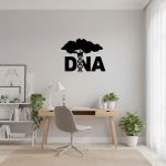 Decoração de parede com uma árvore genealógica de DNA e a palavra "DNA" em um escritório minimalista, cercado por plantas verdes e decoração limpa.