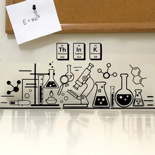 Ilustração de laboratório com frascos, tubos de ensaio, microscópio e elementos químicos, incluindo o quadro com a equação E=mc^2 e os símbolos de Th, In, K.