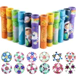 Vários tubos decorativos com desenhos de animais, estrelas, planetas e temas de fantasia, cada um com cores vibrantes e detalhes detalhados.