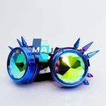 Óculos de proteção com lentes espelhadas verdes e armação azul com espigões roxos e azuis, usados para atividades científicas ou de cosplay.