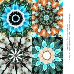 Quatro mandalas de luzes coloridas e padrões simétricos, cada um com detalhes únicos e efeitos de brilho, criados com luzes LED e materiais refletivos.