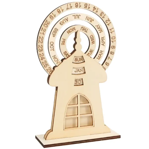 Calendário de Natal de madeira com roda de meses, dias e dias da semana, e janela decorativa na base.